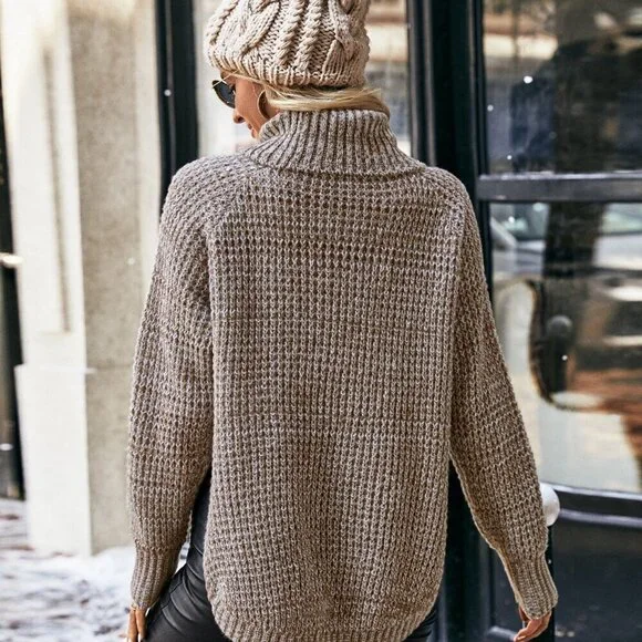 Khaki Casual Women's Turtleneck Raglan Sleeve Sweater - Picture 2 of 6